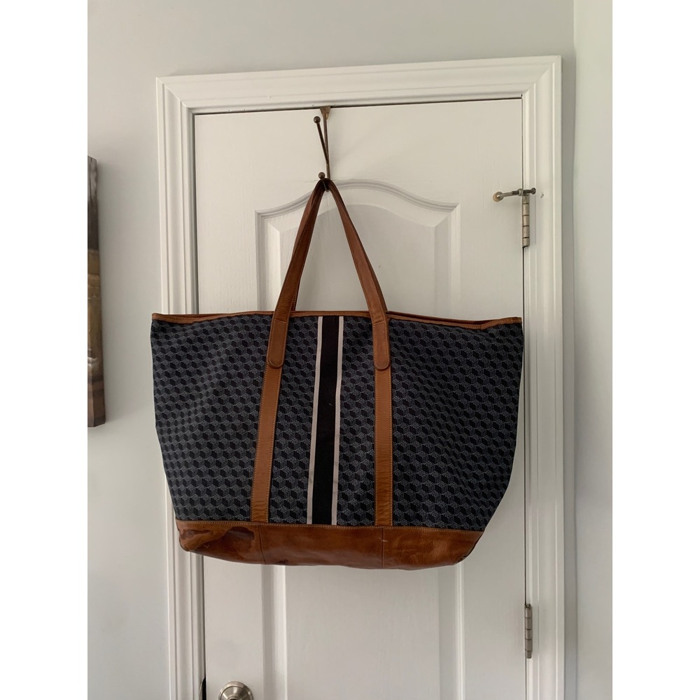 Barrington Geometric Cube Print Canvas Tote Bag Leather Trim Navy Racing Large